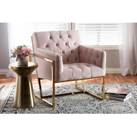 Baxton Studio TSF7719-Pink/Gold-CC Milano Modern and Contemporary Pink Velvet Fabric Upholstered Gold Finished Lounge Chair